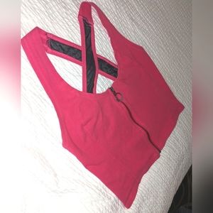 Last chance! Hot Pink Crop Top Full Silver Zipper Front Mesh Panels Sport Bra